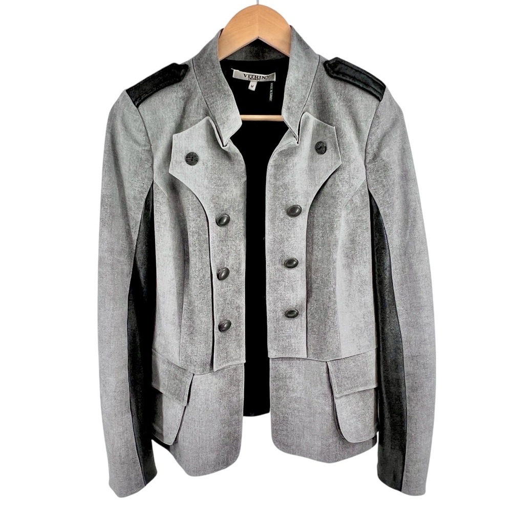 Vitrin Design Napoleon Style Jacket Sz M Mottled Gray Black Faux Leather Moto